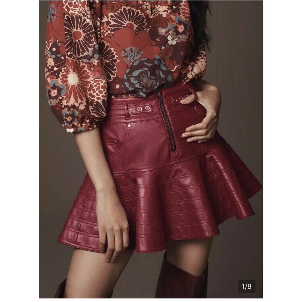Pilcro Anthropologie Faux Leather Flounce Mini Skirt Wine Burgundy Size 14